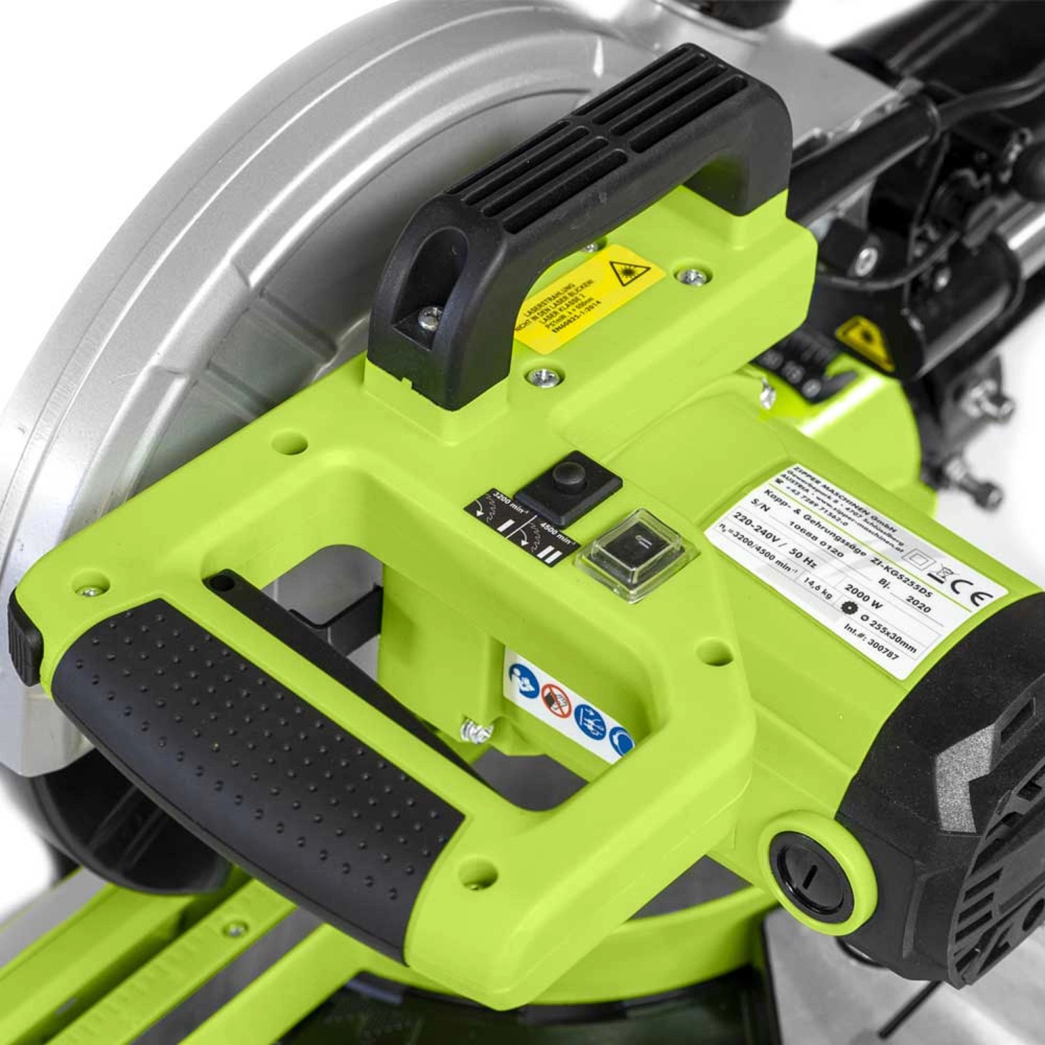 Zipper ZI-KGS255DS Kapp- und Gehrungssäge, Details der Bedienelemente und des Sägeblatts.