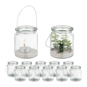 Relaxdays Windlicht 12er Set Glas Transparent Hängbar 9,5 cm x 8 cm