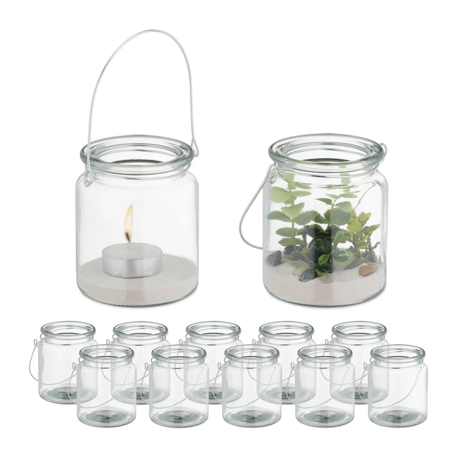 Relaxdays Windlicht 12er Set Glas Transparent Hängbar 9,5 cm x 8 cm