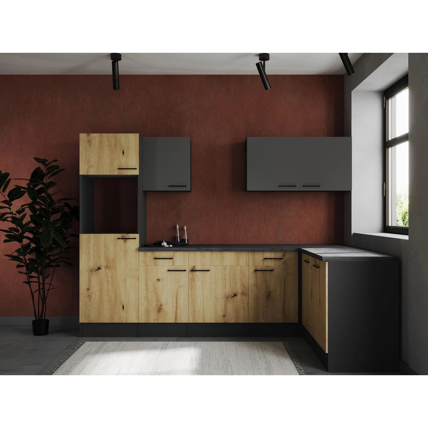 Respekta Winkelküche Oliver 280 cm Artisan Eiche / Grau Matt ohne E-Geräte