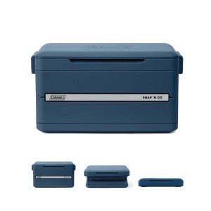 Blaue Coleman Snap'N Go Falt-Kühlbox 42 l, geöffnet und flach zusammengelegt für Camping & Outdoor.