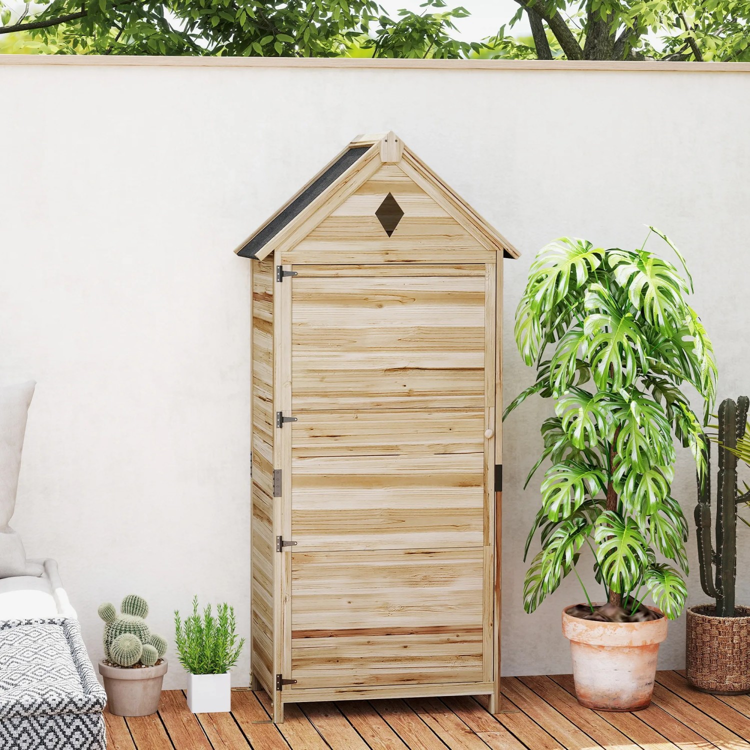 Outsunny Gartenschrank aus Tannenholz, naturbelassener Werkzeugschrank für Garten und Terrasse.