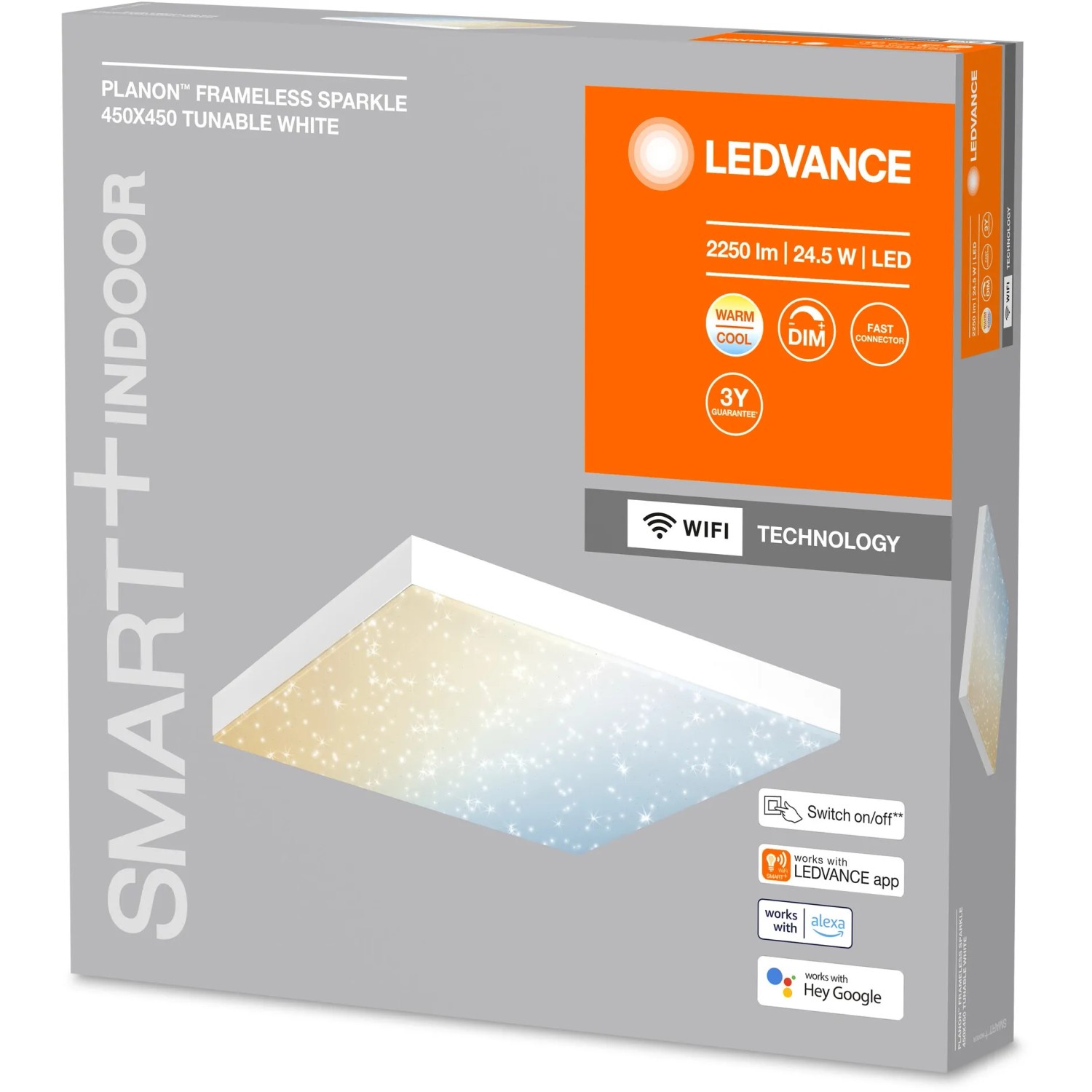 Verpackung der Ledvance Smart+ WiFi Panelleuchte Planon 45x45 cm mit Glitzereffekt.