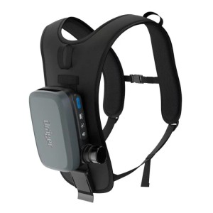 Schwarzer ergonomischer Dräger X-plore 8300 Rucksack mit grauem Gebläsefiltergerät für Atemschutz.