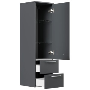 Posseik Hochschrank, 120 cm, Grafit, mit offener Tür, zwei Schubladen und Glaseinlagen.