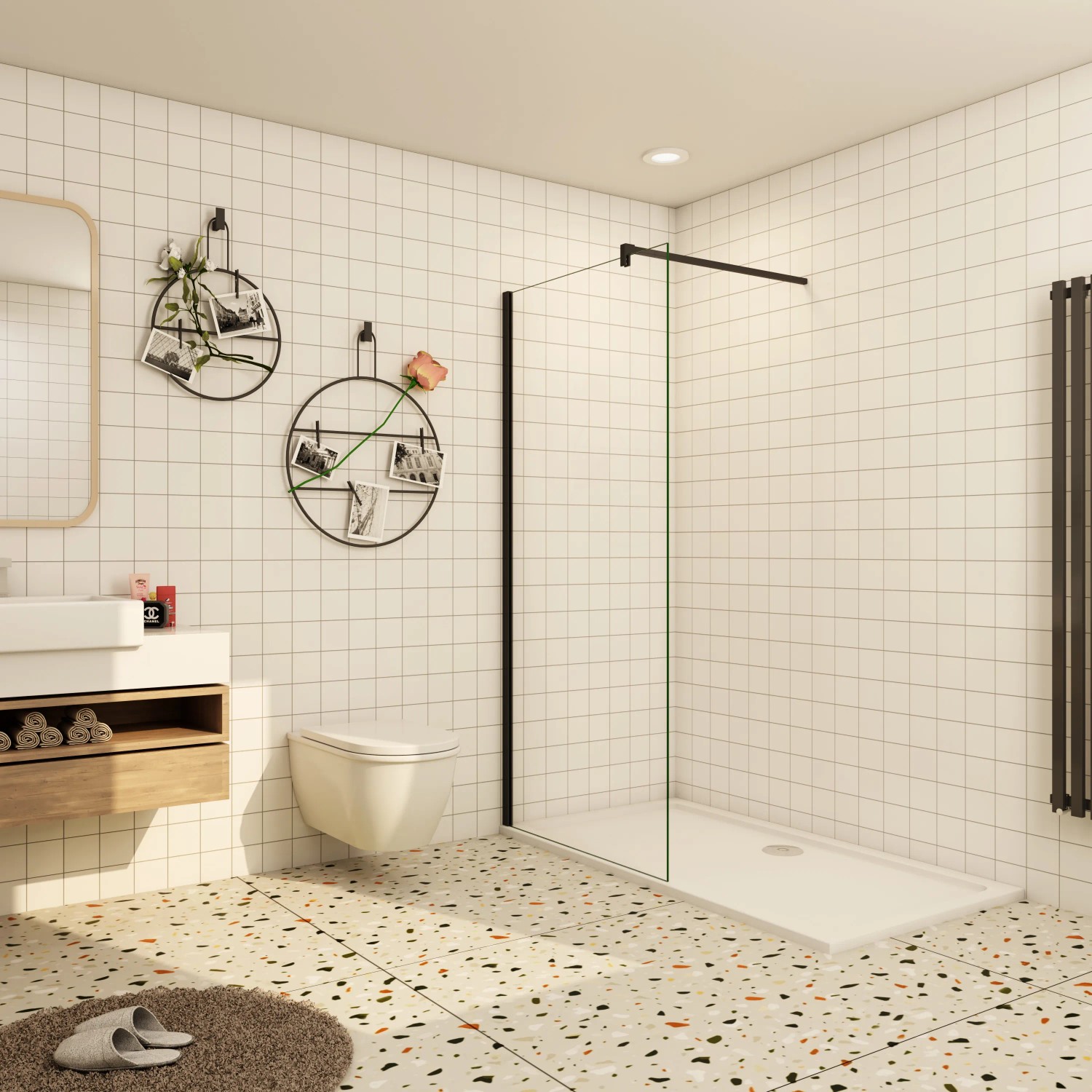 AICA Walk In Duschwand, 160cm, mit schwarzem Rahmen und 8mm NANO Glas in Badezimmer.