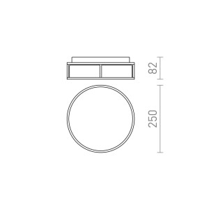 Technische Zeichnung der runden Rendl DECKENLEUCHTE GRANDE LED 25. Ansicht von oben und Seite mit Maßen H 82 mm, Ø 250 mm.
