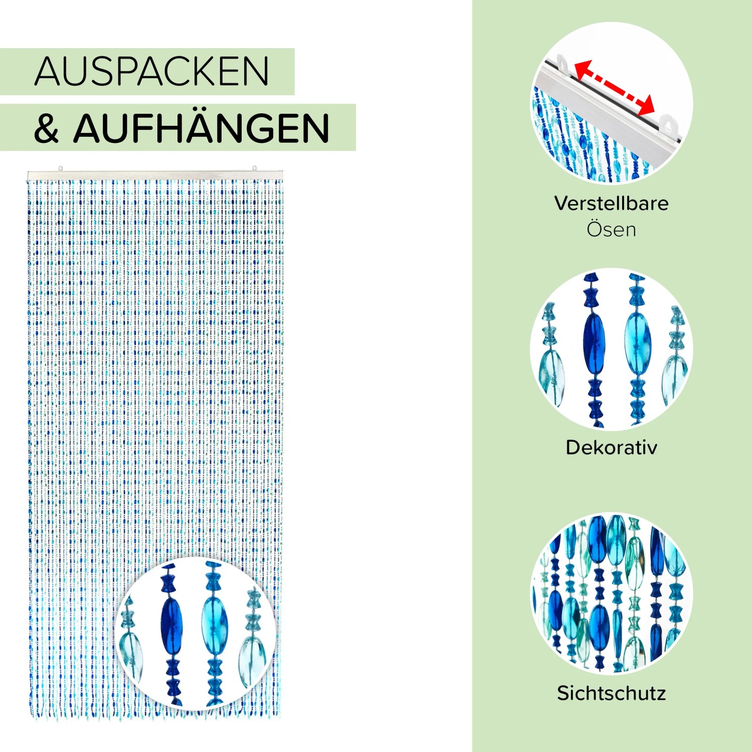 Kobolo Türvorhang OCEAN blau, 90x200cm, mit Kunststoff-Strängen und verschiebbaren Ösen.