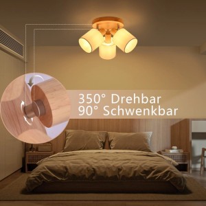 NETTLIFE Deckenstrahler 3-flammig, Holzoptik, weiße Textilschirme. Köpfe 350° drehbar & 90° schwenkbar. Für Schlafzimmer.