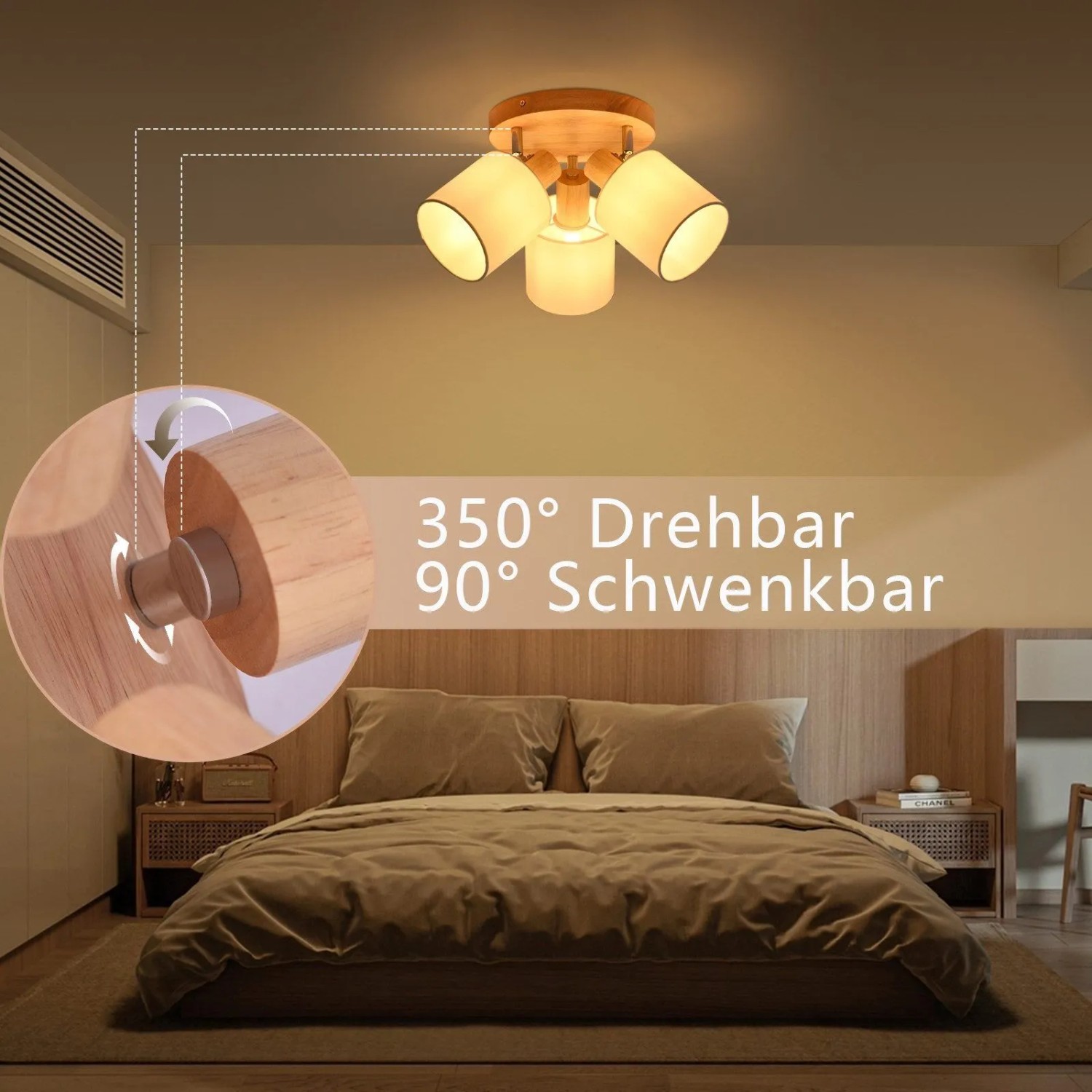 NETTLIFE Deckenstrahler 3-flammig, Holzoptik, weiße Textilschirme. Köpfe 350° drehbar & 90° schwenkbar. Für Schlafzimmer.