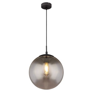 Schwarze Globo Hängeleuchte Blama mit rauchfarbenem Glas, Ø 30 cm. Pendelleuchte für Wohn- und Schlafzimmer.