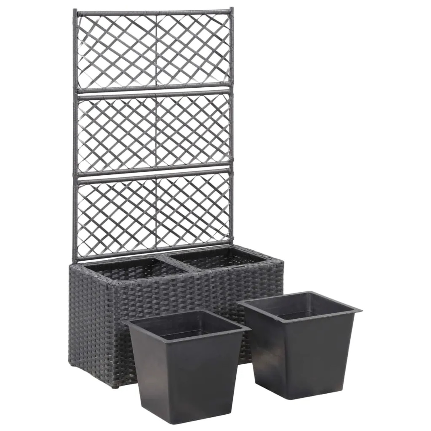 Schwarzes vidaXL Hochbeet mit Rankgitter und 2 Töpfen aus Poly Rattan, 58x30x107 cm.