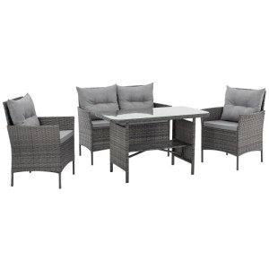 Graue Rattan-Lounge Sitzgruppe: 2 Sessel, 1 Sofa, Esstisch mit Glasplatte und grauen Polstern für Garten.