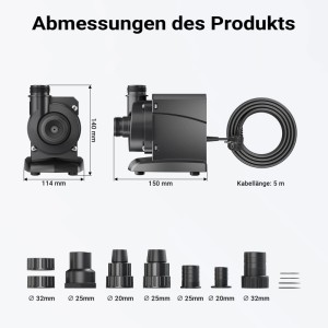 SunSun CPP-8000 Poolpumpe mit Abmessungen und Zubehör-Adaptern.