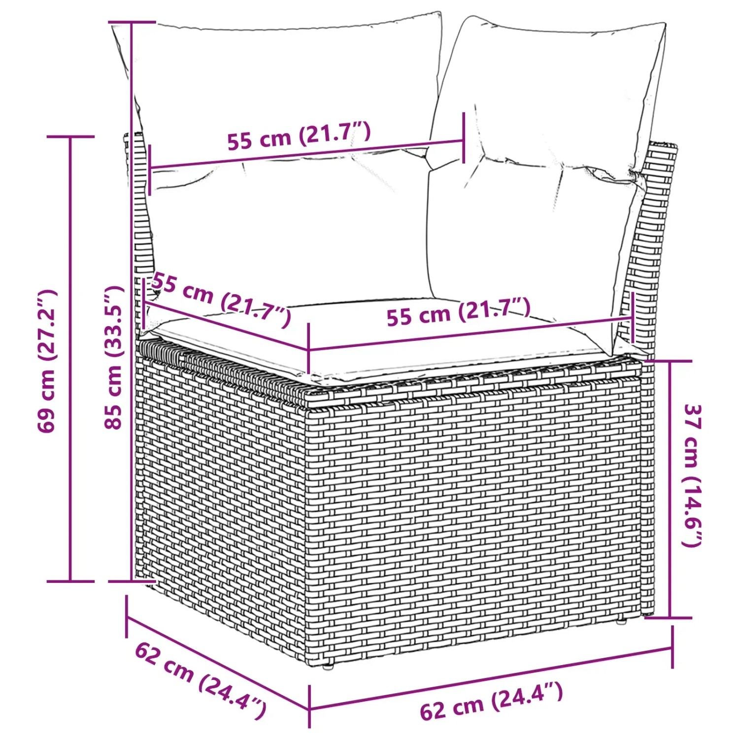 vidaXL Gartenmöbel-Set, 9-teilig, grau, Poly Rattan, mit Maßangaben.
