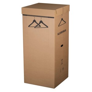 Brauner, hoher Kleiderkarton für Umzug, mit Hängesymbolen und Tragegriffen. Ideal für hängende Kleidung.