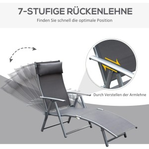 Graue Furnicato Sonnenliege, klappbar und 7-fach verstellbar mit Kissen. Ideal für Garten und Balkon.