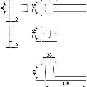 Technische Zeichnung: Hoppe Rosetten Garnitur Austin, Türbeschlag aus Messing, schwarz matt, mit Maßen.
