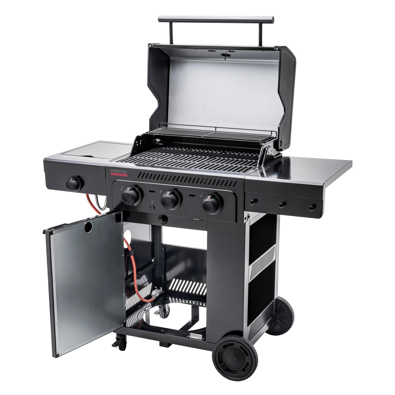 Char-Broil Gasgrill Essential 3 G mit Seitenbrenner, Tru-Infrared, offene Tür, Ablagefläche und Räder.