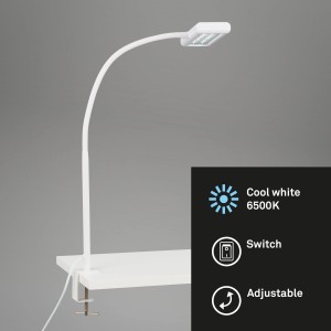 Weiße Brilo LED-Klemmleuchte Trasna am Tisch befestigt. Flexible Arbeitsleuchte mit Tageslichtweiß.