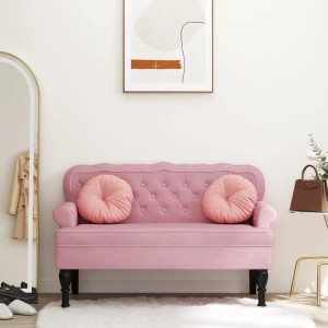 Elegante rosa Samt-Sitzbank mit Rückenlehne, Knopfheftung, abgerundeten Armlehnen und schwarzen Antik-Beinen. Garderobenbank.