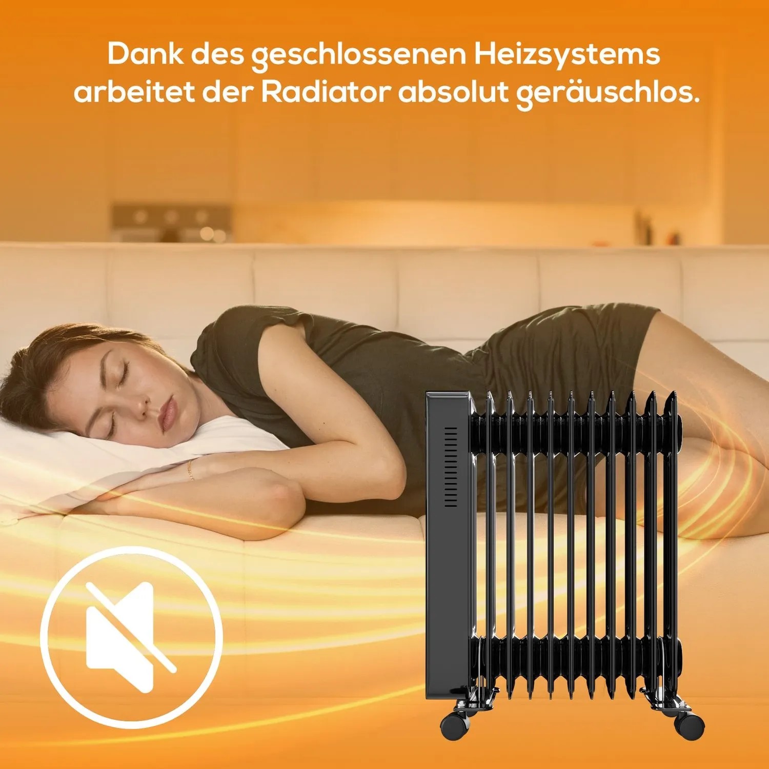 Schwarzer TroniTechnik Ölradiator mit 11 Rippen und WiFi neben schlafender Person.