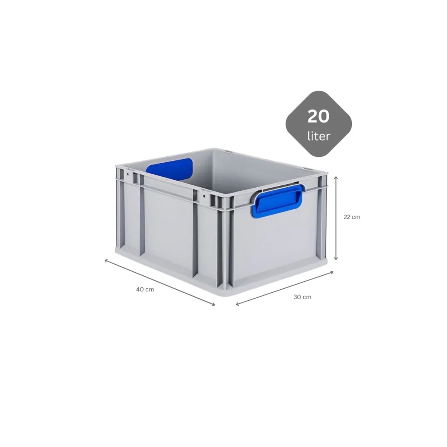 Graue PROREGAL Eurobox mit blauem Griff, 22x30x40 cm. Aufbewahrungsbox mit 20 Liter Volumen.