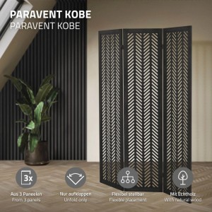 ML-Design Paravent 3-Teilig Kobe Schwarz Raumteiler 170x121 cm aus Paulownia-Holz