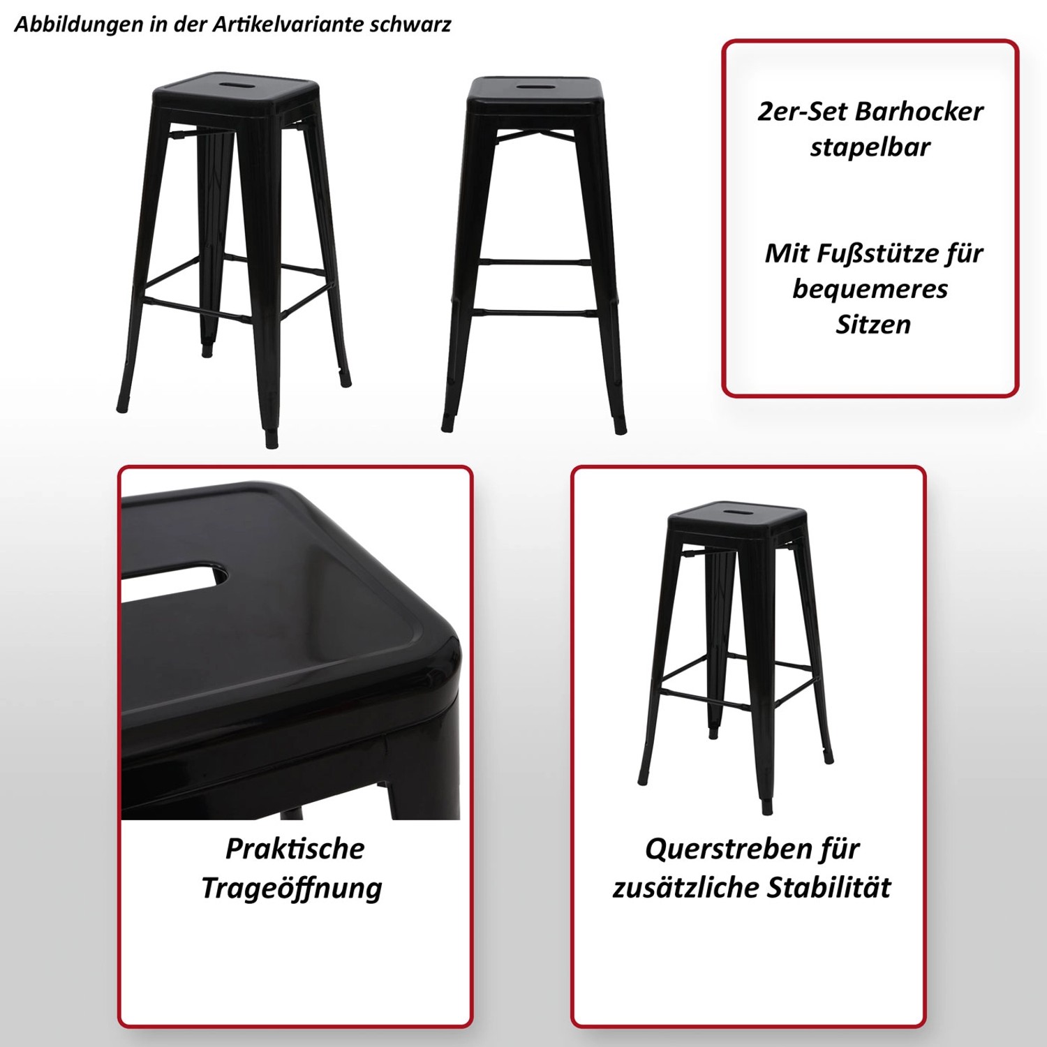 2er-Set rote MCW Barhocker A73 aus Metall, stapelbar mit Fußstütze.