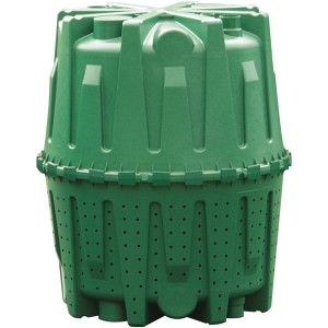 Grüner Herkules Versickerungstank 1600 L aus Kunststoff, zur Regenwasserversickerung im Garten.
