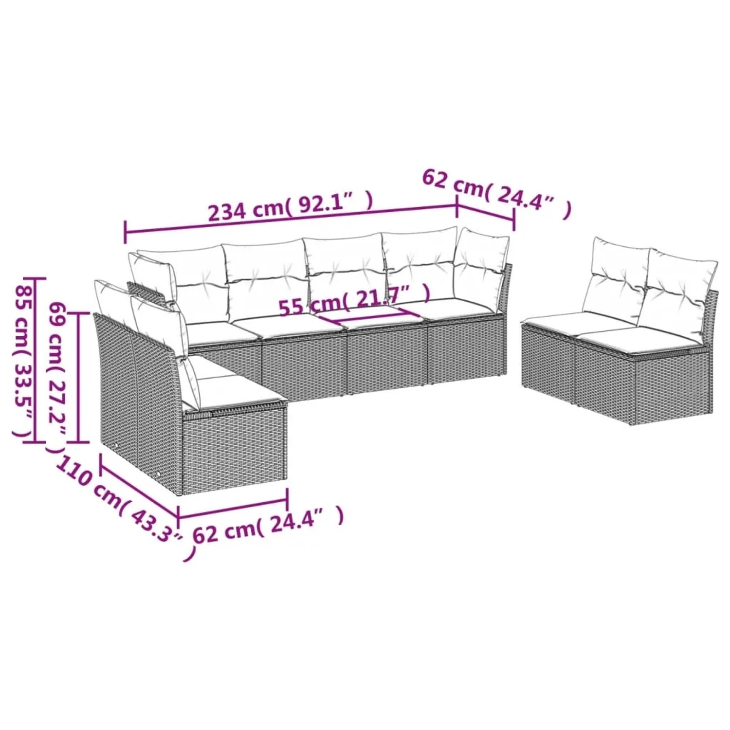 Beige 8-tlg. Garten-Sofagarnitur aus Polyrattan mit hellgrauen Kissen.