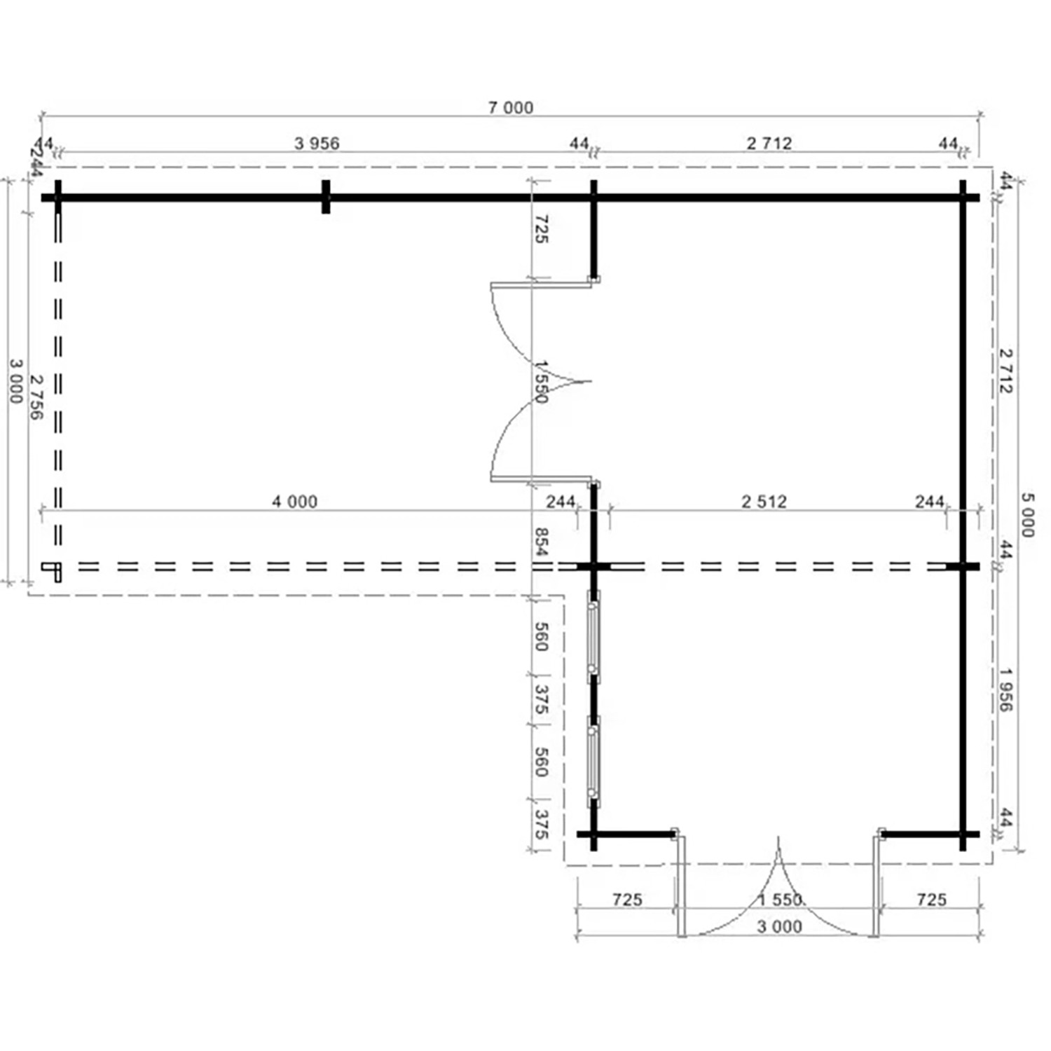 Grundriss Carlsson Gartenhaus Quinta Flachdach, 680x472cm, unbehandelt. Holz-Gartenhaus mit Maßen und Türposition.