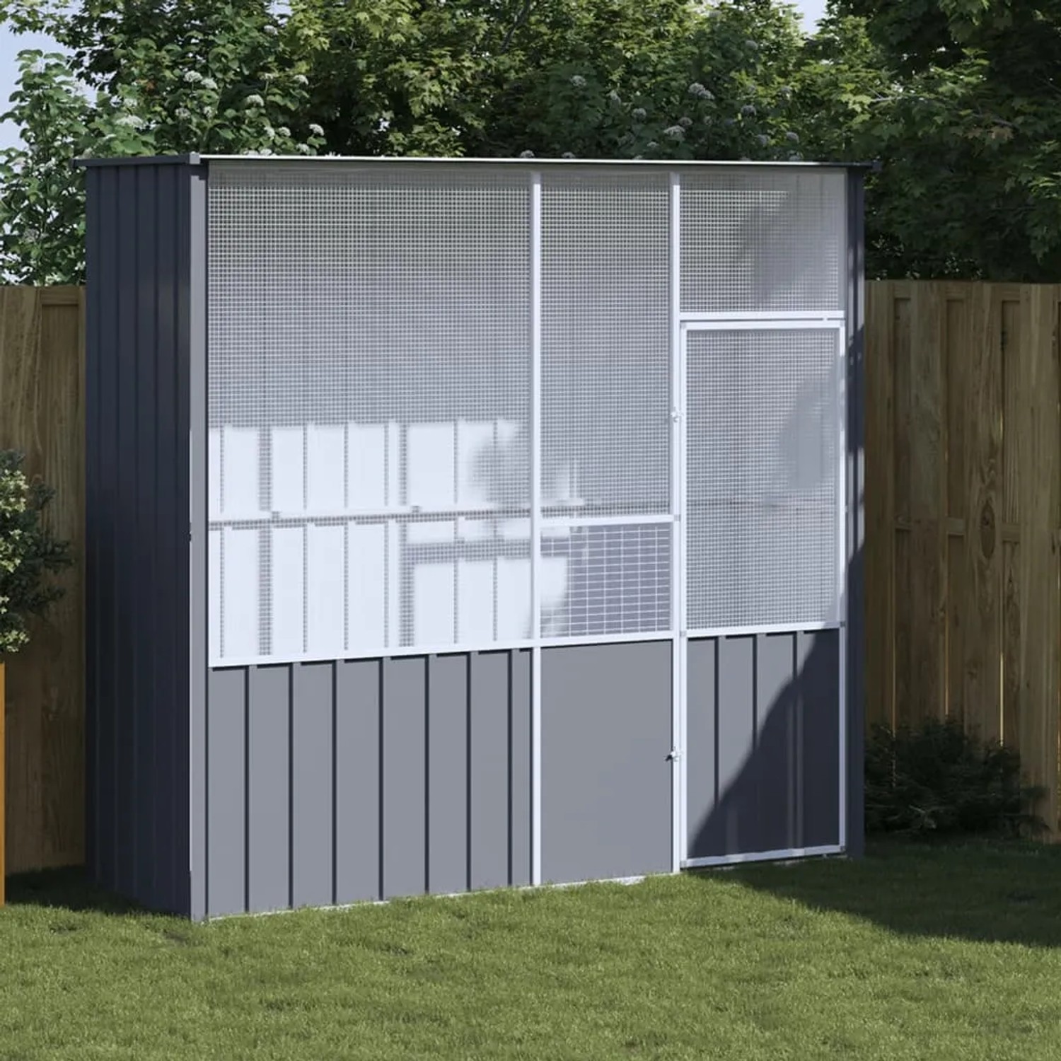 Anthrazitfarbene VidaXL Voliere aus verzinktem Stahl, 215x78x200 cm, für Vögel und Kleintiere.