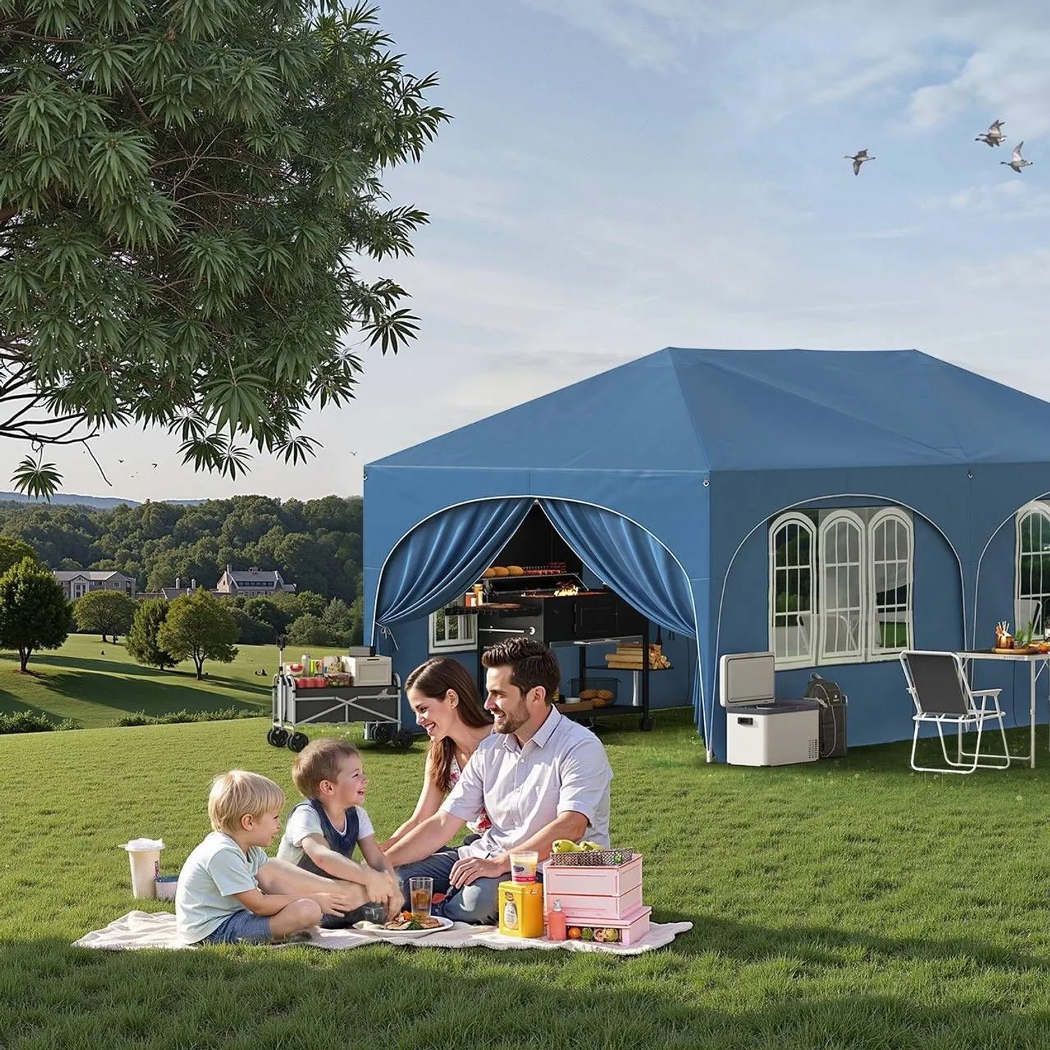 Blauer WOLTU Pavillon 3x6 m mit Familie beim Picknick im Garten. Höhenverstellbarer Sonnenschutz mit UV-Schutz.