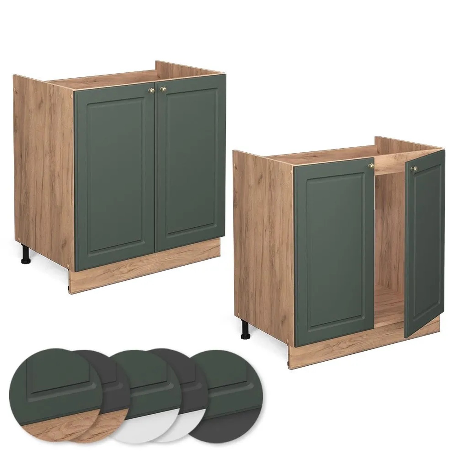 Vicco Spülenunterschrank Fame-Line, grün-gold/Eiche, 80cm, mit Marmor Arbeitsplatte.