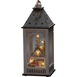 Weiße LED Holzlaterne mit Haus, Weihnachtsmann und Baum für stimmungsvolle Weihnachtsdeko im Innenbereich.