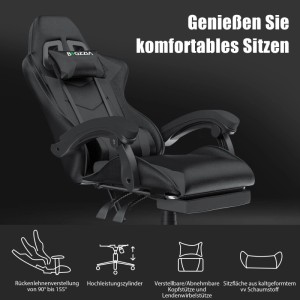 Schwarzer Rattantree Gaming Stuhl mit Fußstütze, Lendenkissen und verstellbarer Rückenlehne.