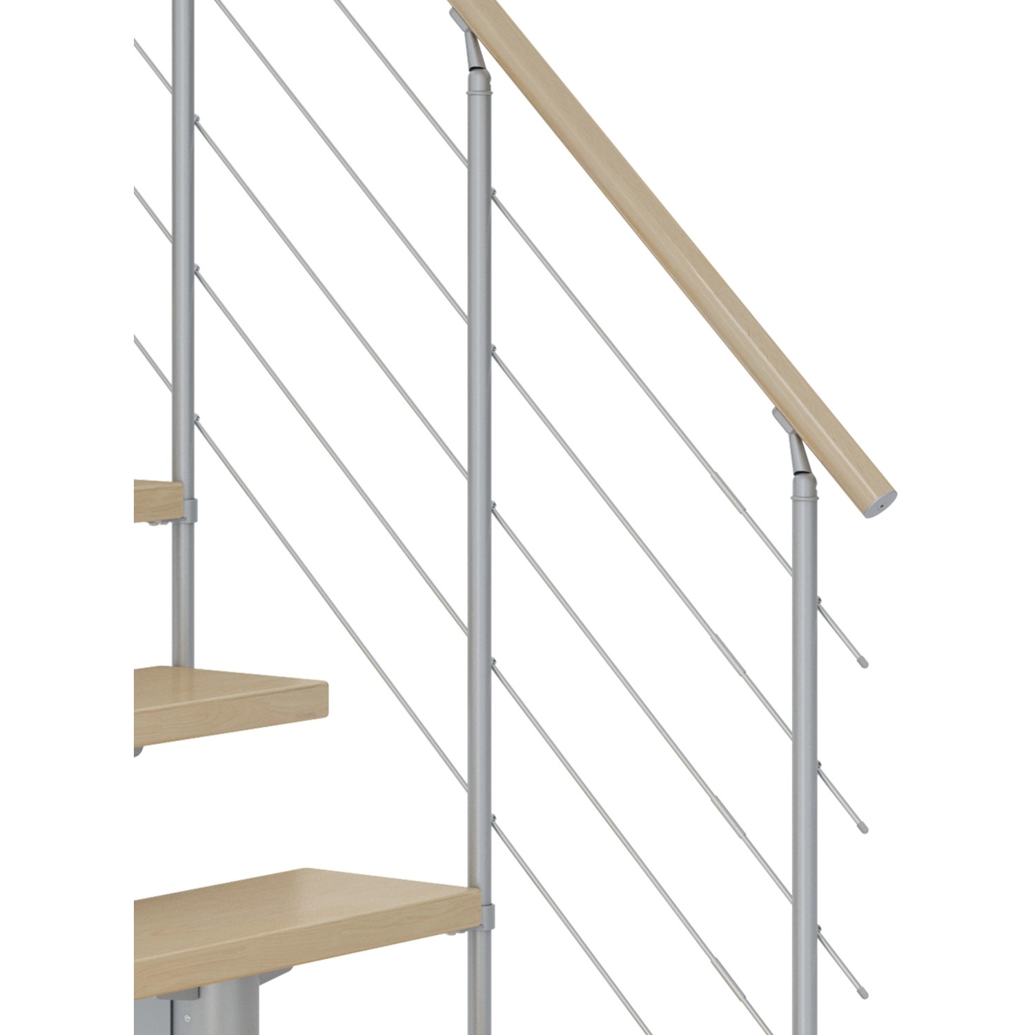Detailansicht Dolle Mittelholmtreppe Cork Ahorn, perlgraue Konstruktion mit Edelstahlgeländer.