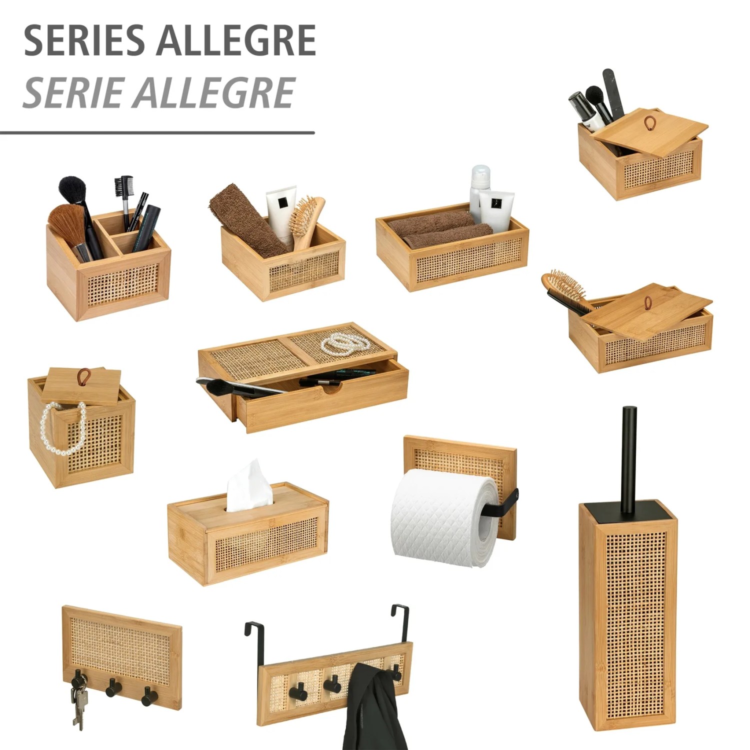 WENKO Bad-Accessoires Serie Allegre aus Bambus und Rattan, bestehend aus verschiedenen Badutensilien.
