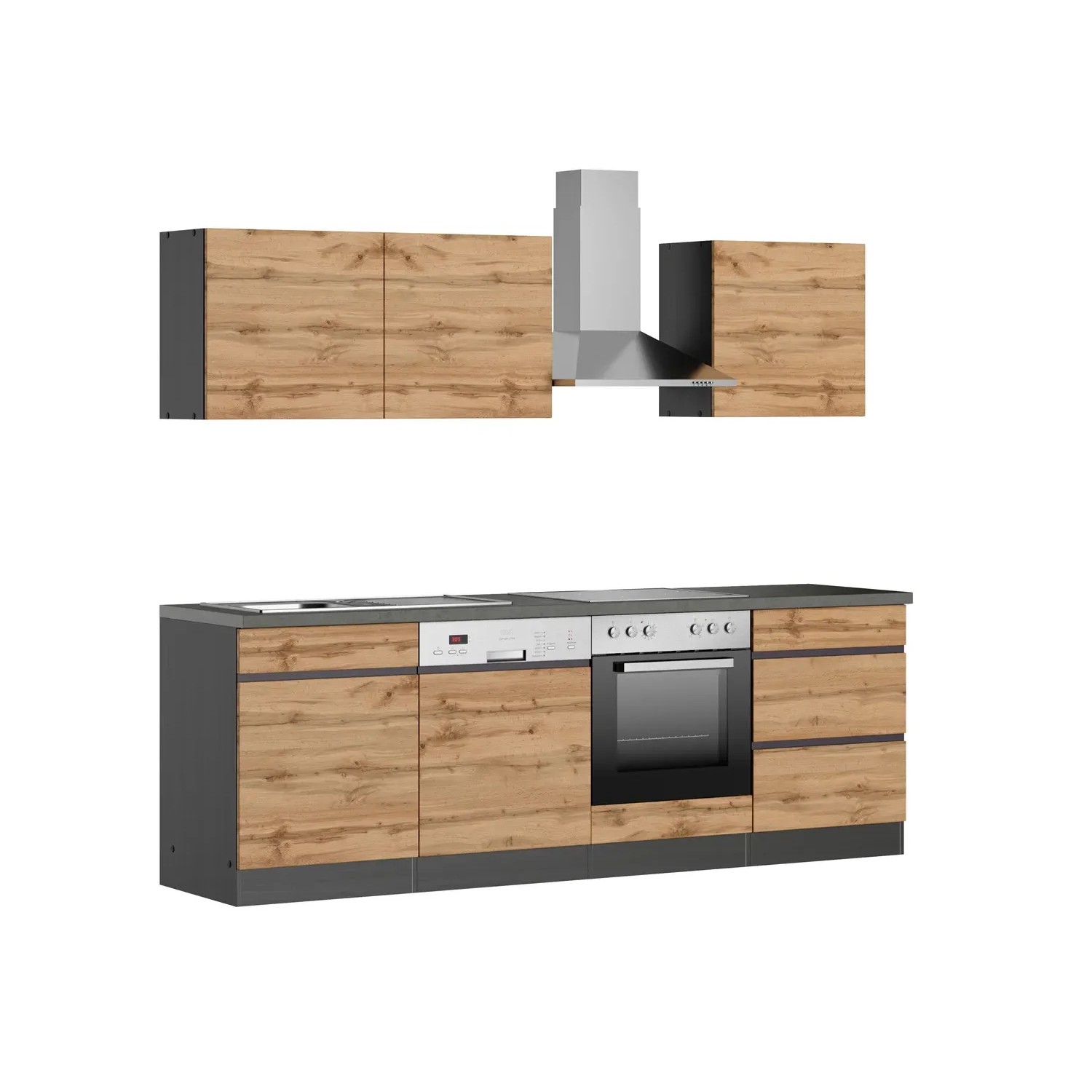 Held Möbel Küchenzeile Turin 240 cm in Wotaneiche-Graphit mit E-Geräten.