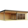 Lasita Maja Ferienhaus Domeo 10 aus Naturholz mit Anbau und Schiebetüren.
