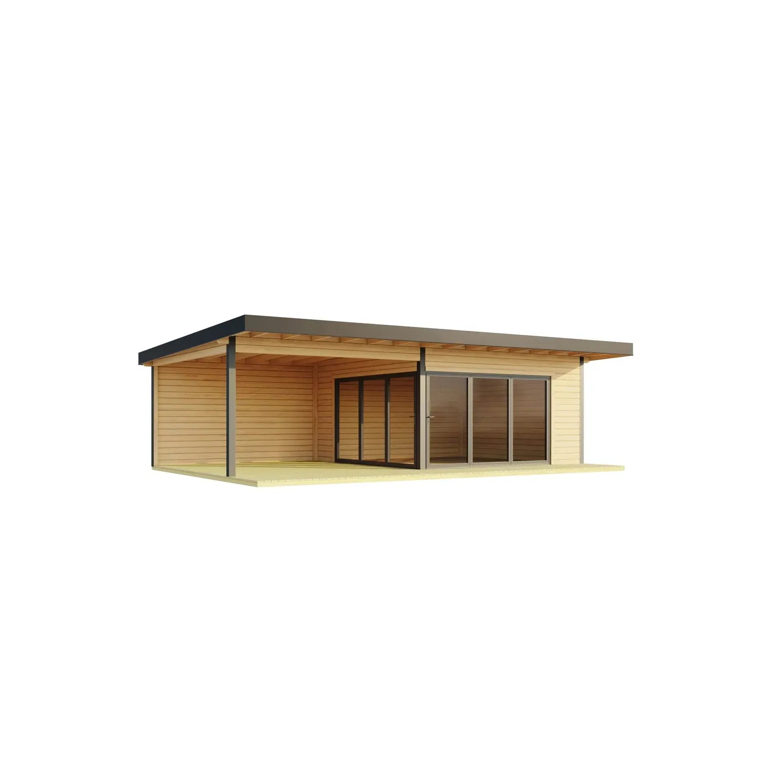 Lasita Maja Ferienhaus Domeo 10 aus Naturholz mit Anbau und Schiebetüren.