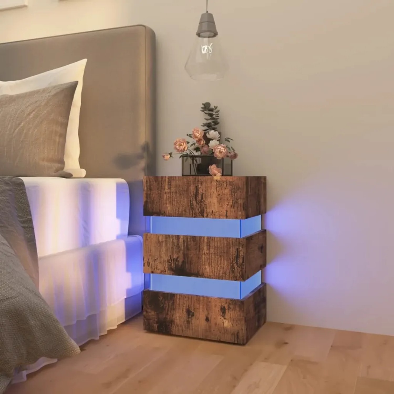 vidaXL LED-Nachttisch in Räuchereiche mit drei Fächern und blauer LED-Beleuchtung.