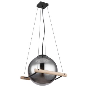 Moderne Globo Hängeleuchte Leona, schwarz, mit Holzdetails und rauchfarbenem Glas, Ø 30 cm.