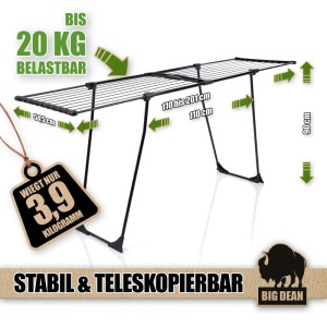 BigDean XXL Wäscheständer, schwarz, ausziehbar mit Teleskop Flügeln, stabil, 20 kg Tragkraft.