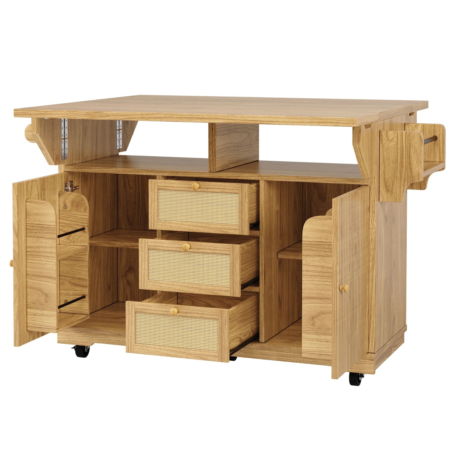 Merax Servierwagen mit Klapptisch  95cm  PE-Rattanschubladen  Rollen Naturbraun