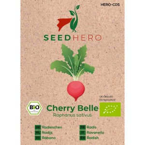 Seedhero BIO Radieschen Cherry Belle Samen, rote Knolle mit grünen Blättern.