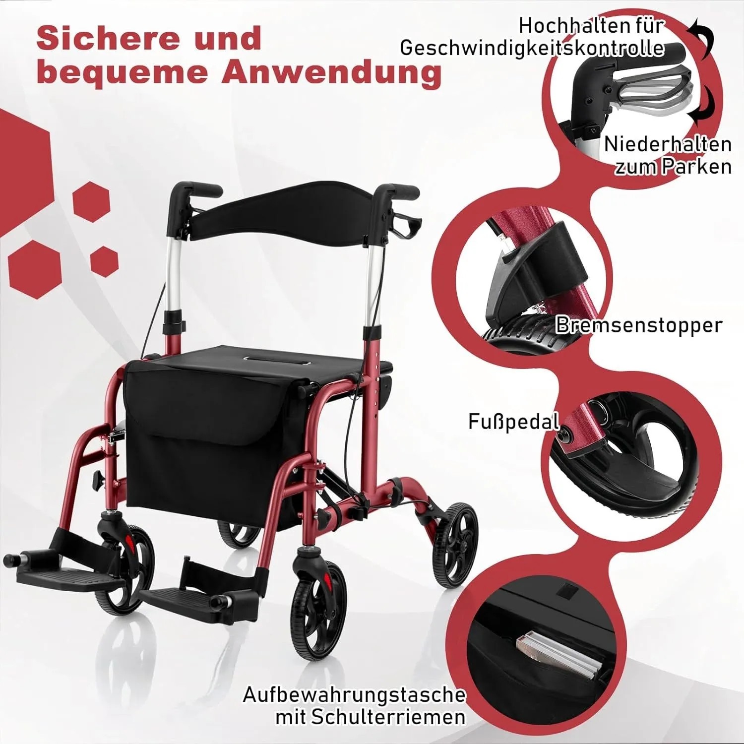 Costway Rollator Faltbar und Leicht mit Sitz 2-In-1 Rollstuhl Rot_4