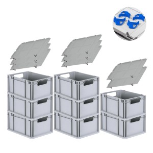 PROREGAL Spar Set: 8 Euroboxen mit Deckel und Schnappverschlüssen, blau. Aufbewahrungsboxen für Lager und Transport.