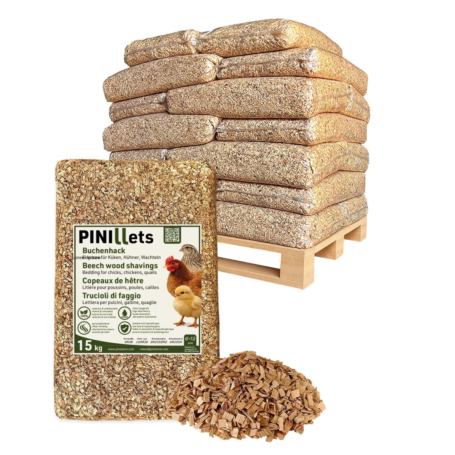 PINI Buchenhack Grob 300 kg Einstreu für Hühner & Küken